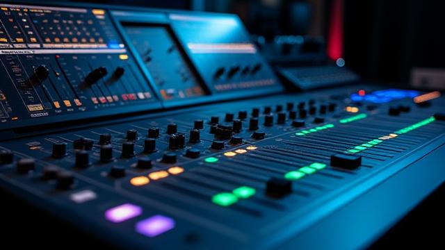 Mesa de mezclas con ecualizadores y compresores, simbolizando la ingeniería de sonido interactiva.